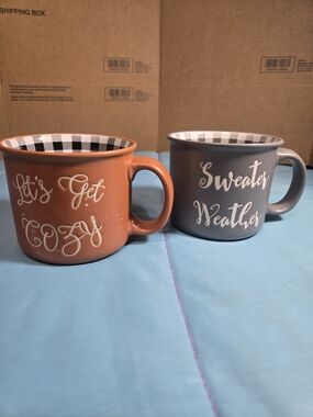 Rust & Gray Speckled Plaid Oversized Coffee Tea 16 Oz Mugs Fall Winter NWOT (2)